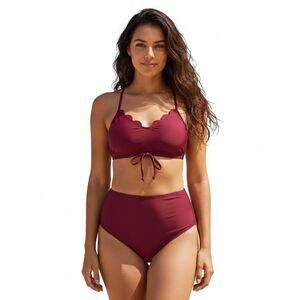 Zaful Wine Scalloped Crisscross Bikini Swimwear M